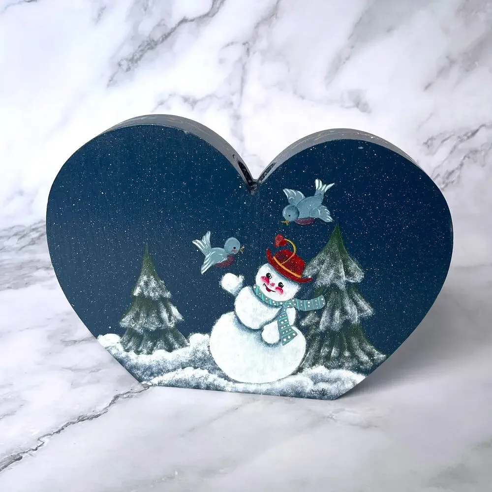 Vintage 1984 Hand Painted Wood Heart Snowman Taper Candle Holder Folk Art
